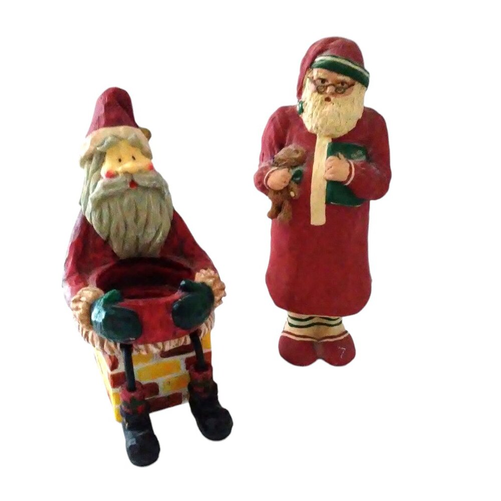 2 Santas - Carolyn Carpin Santa and Chimney sitting Santa Tealight Candle Holde